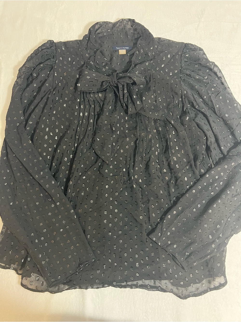 Tommy Hilfiger Black Metallic Dot Tie-Neck Blouse